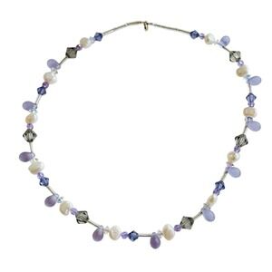 VTG Crystal pearl beaded floating Necklace 925 Sterling choker high end rare 16"